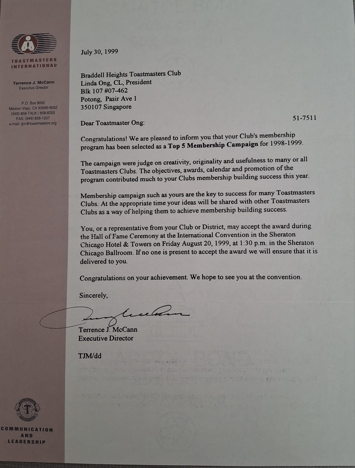 Letter recognising BH II as Top 5 Membership Campaign 1998-99