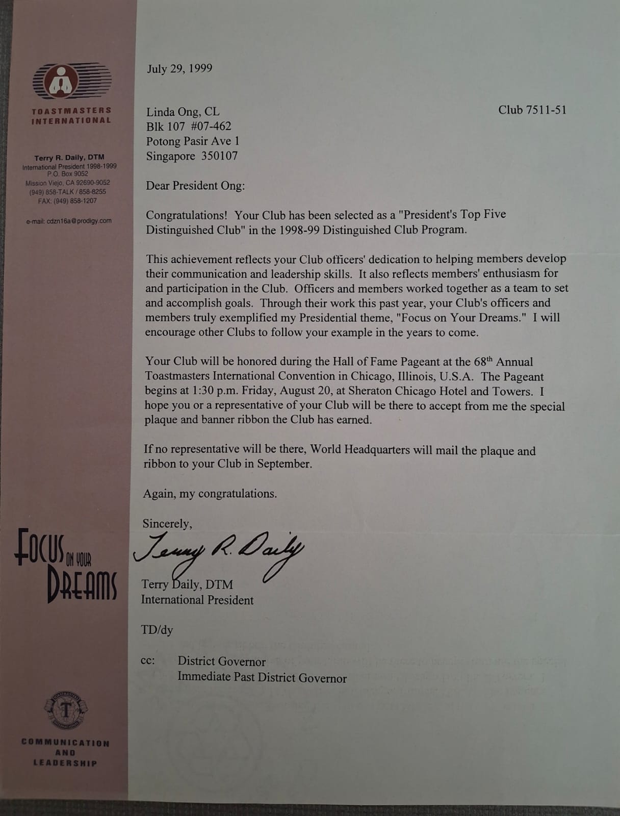 Letter from TM International President recognising BH II as President's Top Five Distinguished Club 1998-99