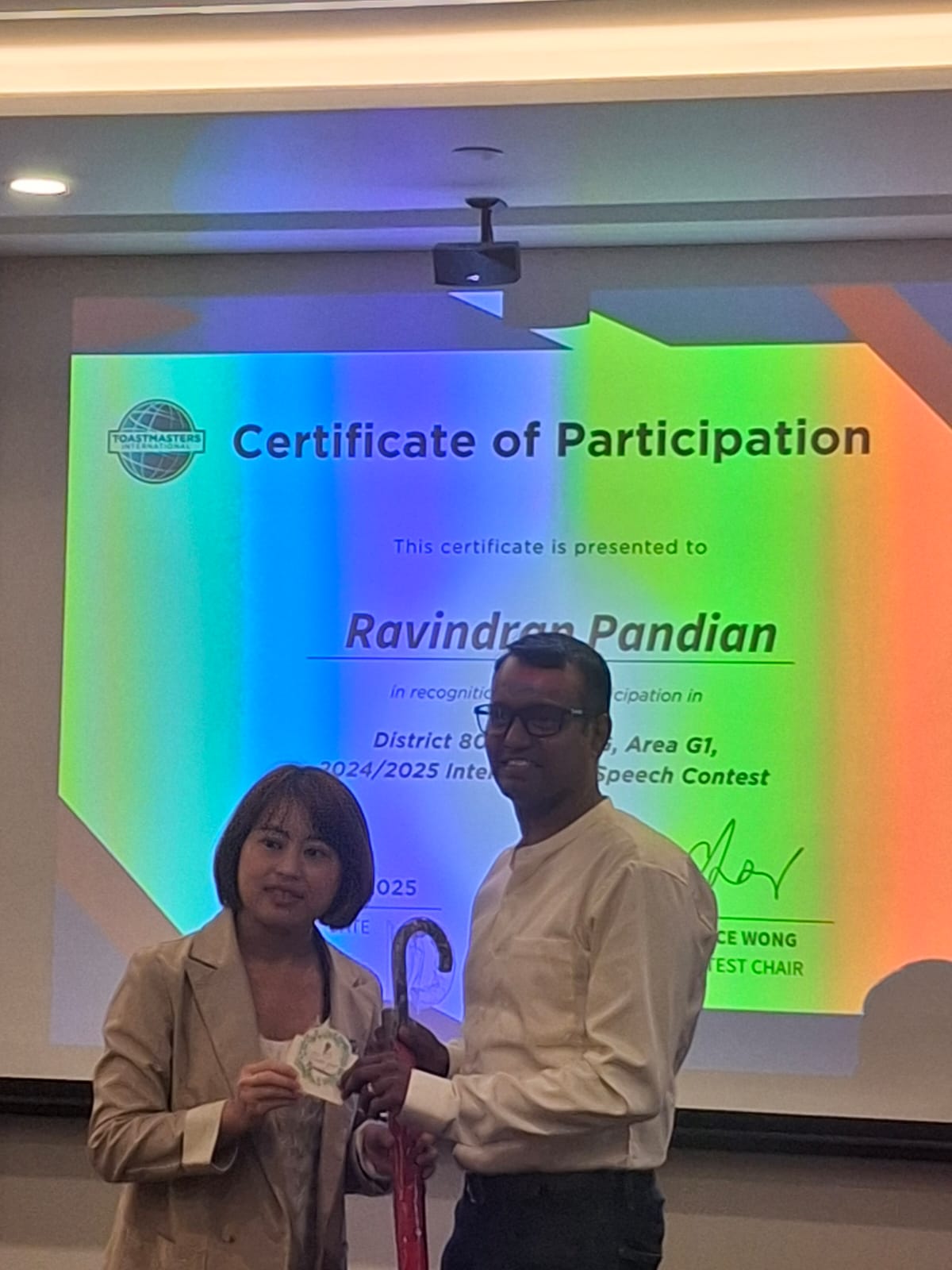 Ravindran Pandian at District 80 Area G1 International Speech Contest 2024/2025